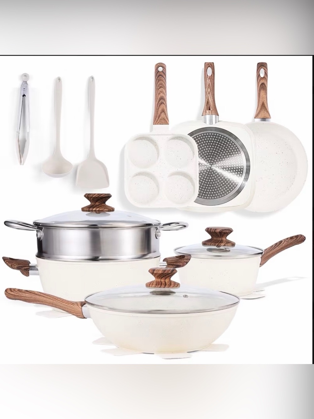 Cream Nonstick Cookware Set with Wood-Effect Handles - 12-Piece Home Kitchen Set